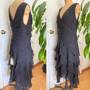 BLK TADASHI SHOJI TOO SILK V-NECK RUCHED CHIFFON RUFFLE TIER DRESS 14Q PLUS